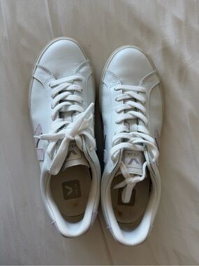 Veja White Leather Sneakers with Light Pink V Accent